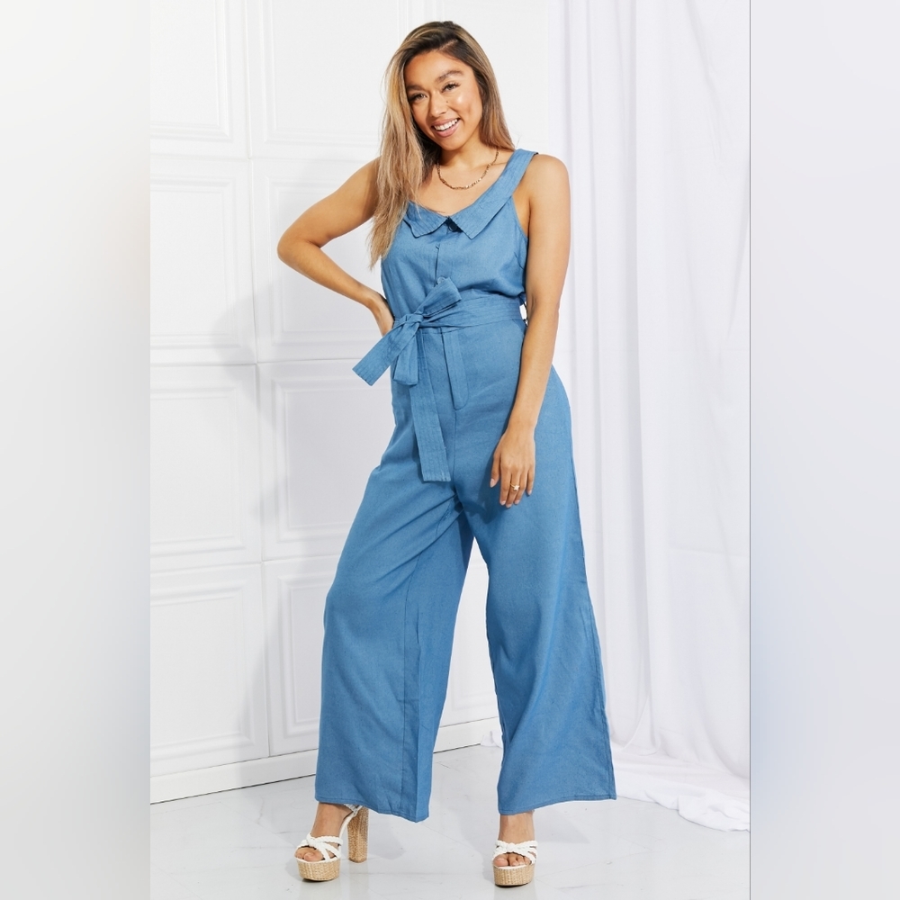 🔥Chambray Wide Leg Jumpsuit | Belted Casual Chic (Minor Flaw)